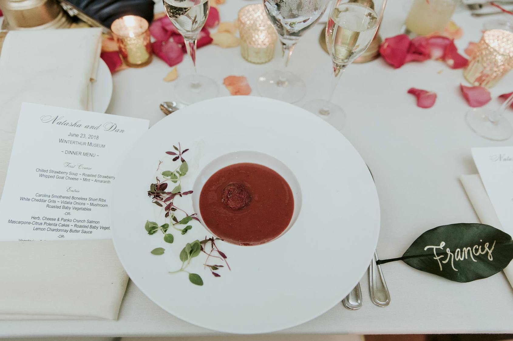 eco-conscious catering strawberry soup on white table