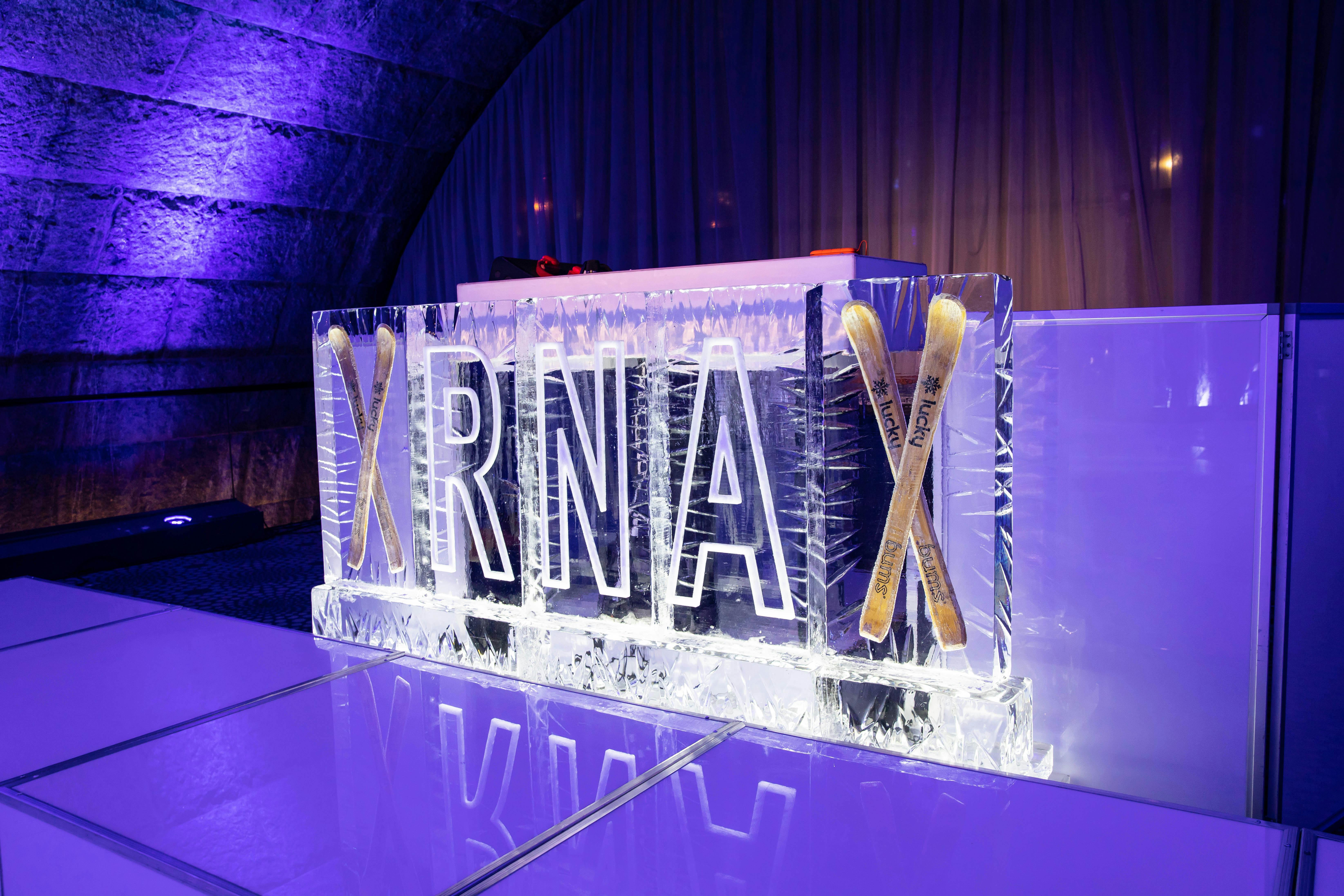 branded ice sculpture with purple dramatic lighting 
