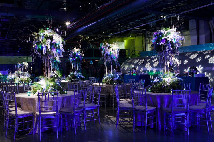 dramatic center pieces in a dim lit ballroom