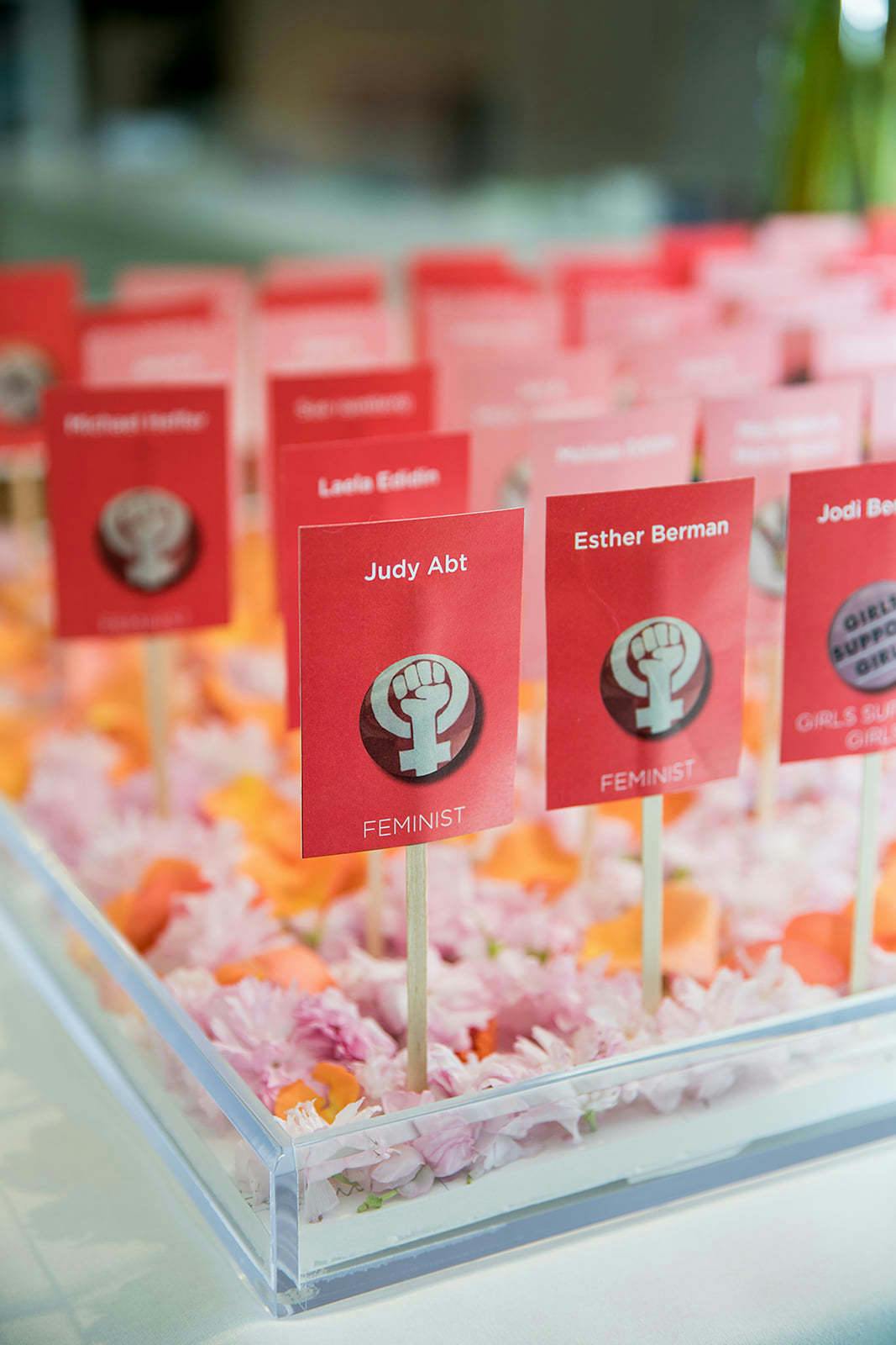 Feminist place cards at social justice themed Bat Mitzvah | PartySlate