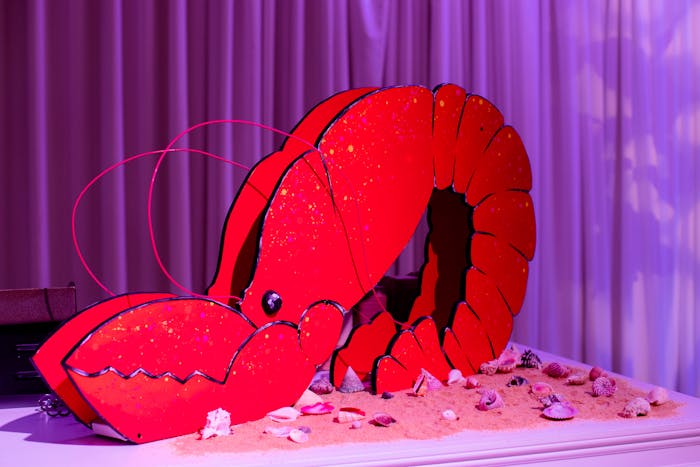 a lobster slip and slide against a purple backdrop.
