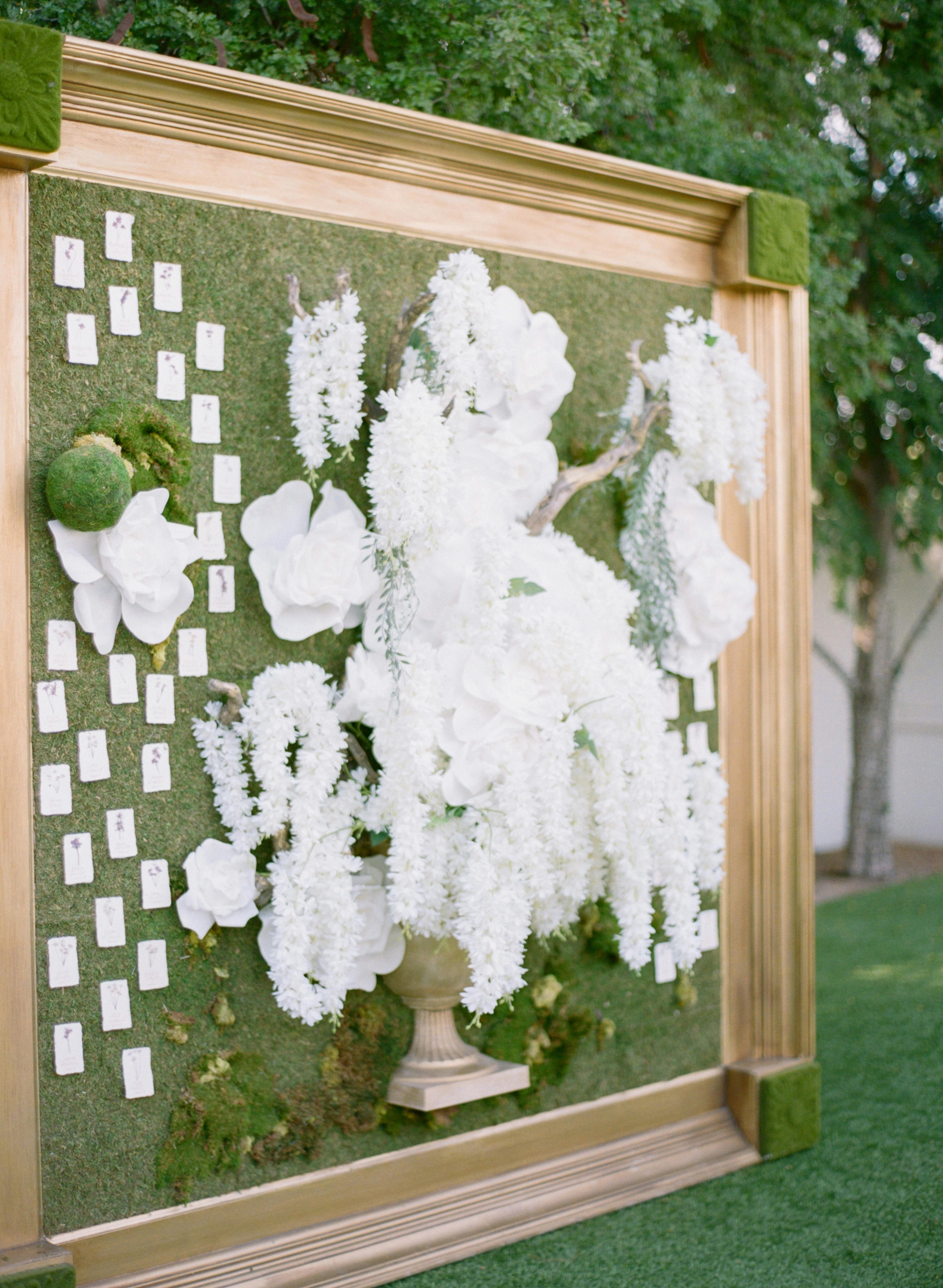 A table assignment with a floral arrangement. 